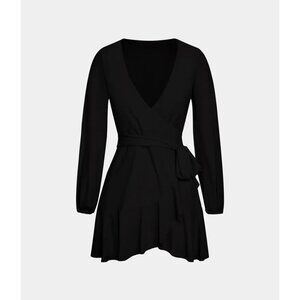 Naggoo Women's Black Long Sleeve Ruffle Hem Wrap Dress, Medium, NWT